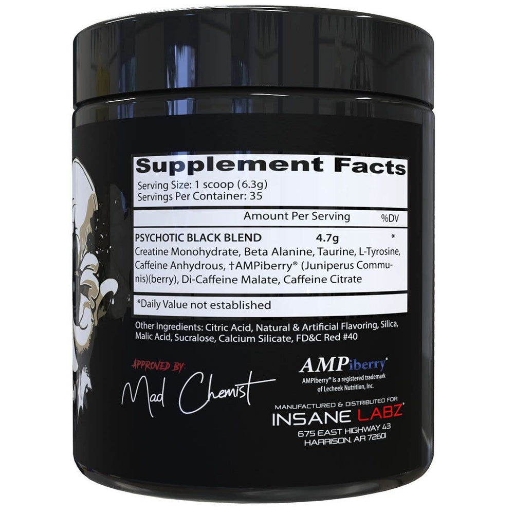 Insane Labz Psychotic Black Edition scoop dispense shown for easy training prep.