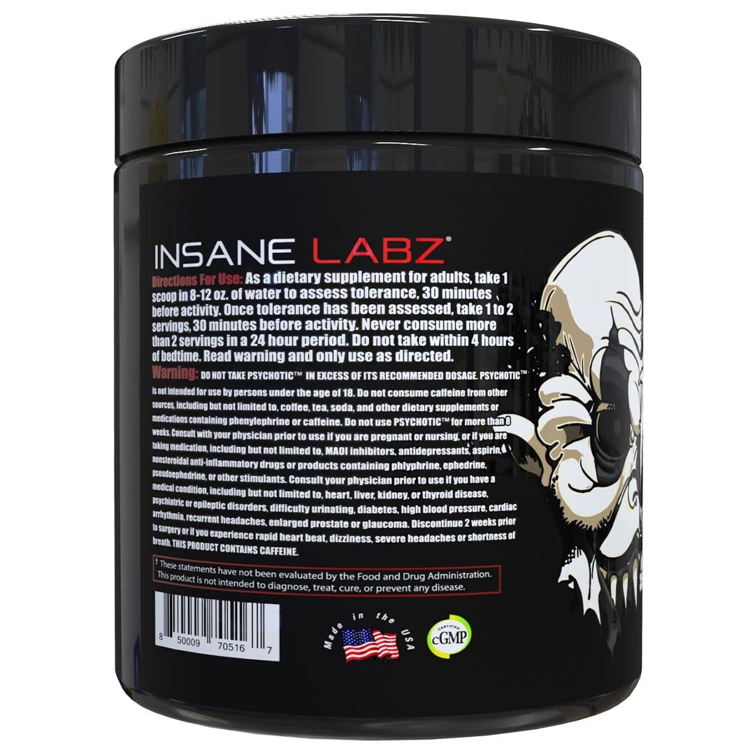 Scoop of Psychotic Black Edition powder ready to mix for a focused pre-workout.