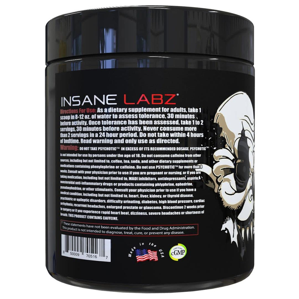 Scoop of Psychotic Black Edition powder ready to mix for a focused pre-workout.
