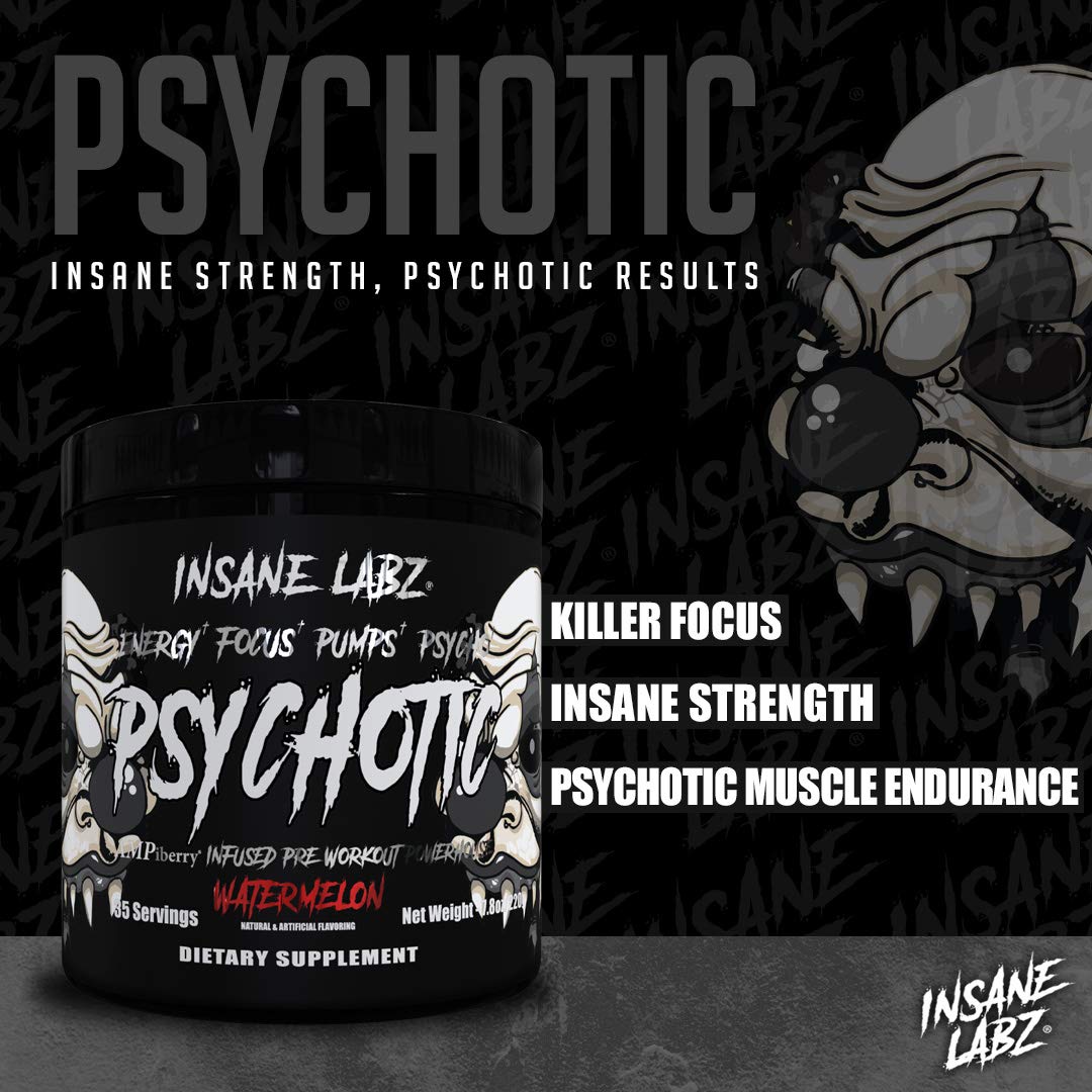 Shaker bottle with Psychotic Black Edition beside water for pre-workout use.