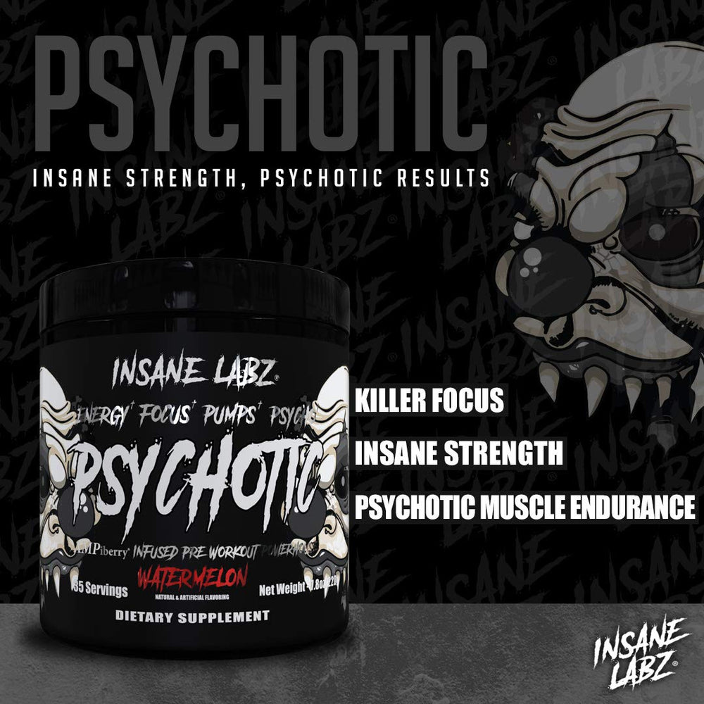 Shaker bottle with Psychotic Black Edition beside water for pre-workout use.