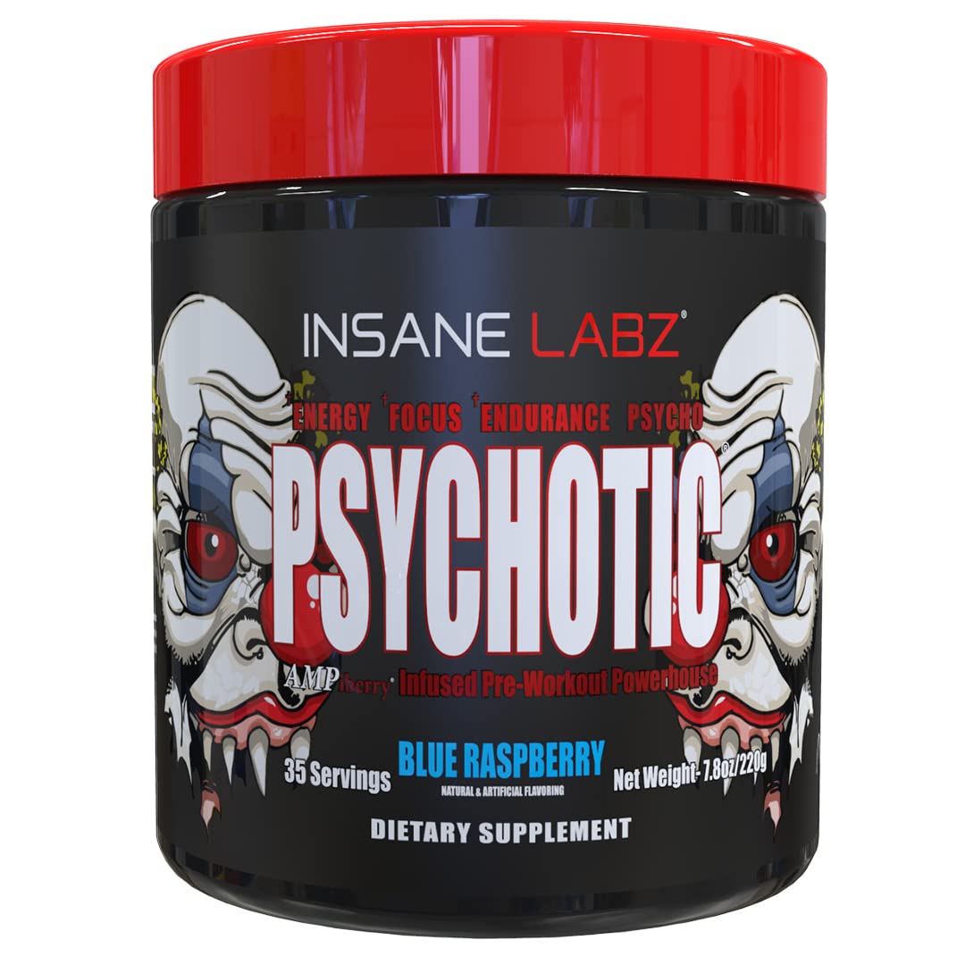 Insane Labz Psychotic blue raspberry powder for sustained energy during intense workouts.