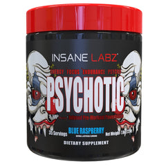 Insane Labz Psychotic blue raspberry powder for sustained energy during intense workouts.