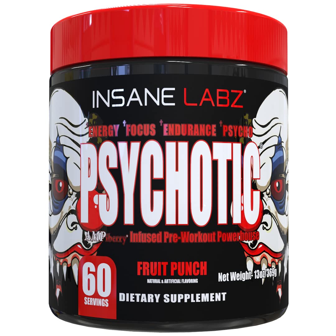 Insane Labz Psychotic bottle front shows bold energy cues and vibrant Fruit Punch flavor.