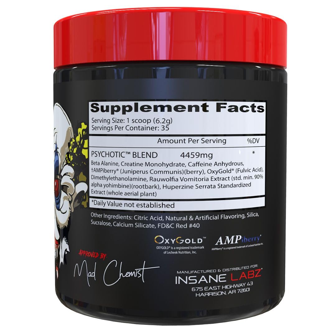 Insane Labz Psychotic bottle pour showing fast-dissolving powder for workouts.