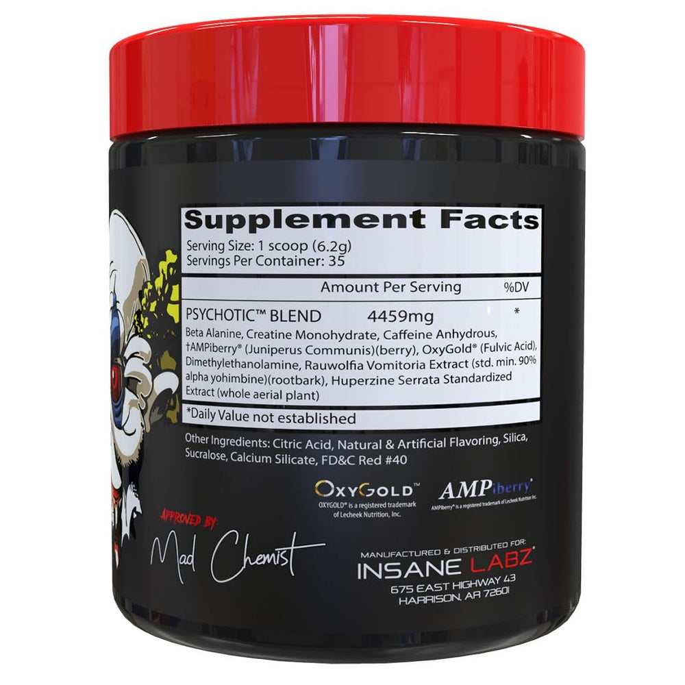 Insane Labz Psychotic bottle pour showing fast-dissolving powder for workouts.