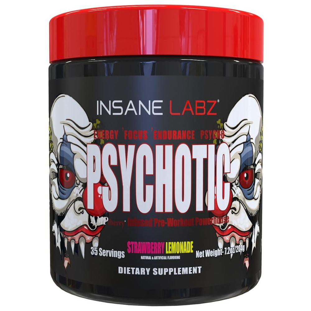 Insane Labz Psychotic bottle in Strawberry Lemonade flavor for long-lasting workout energy.