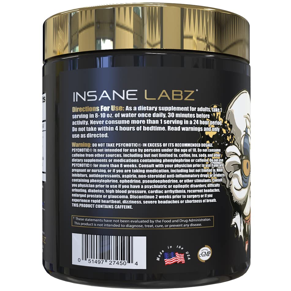 The Psychotic Gold bottle back reveals supplement facts and serving information for informed dosing.