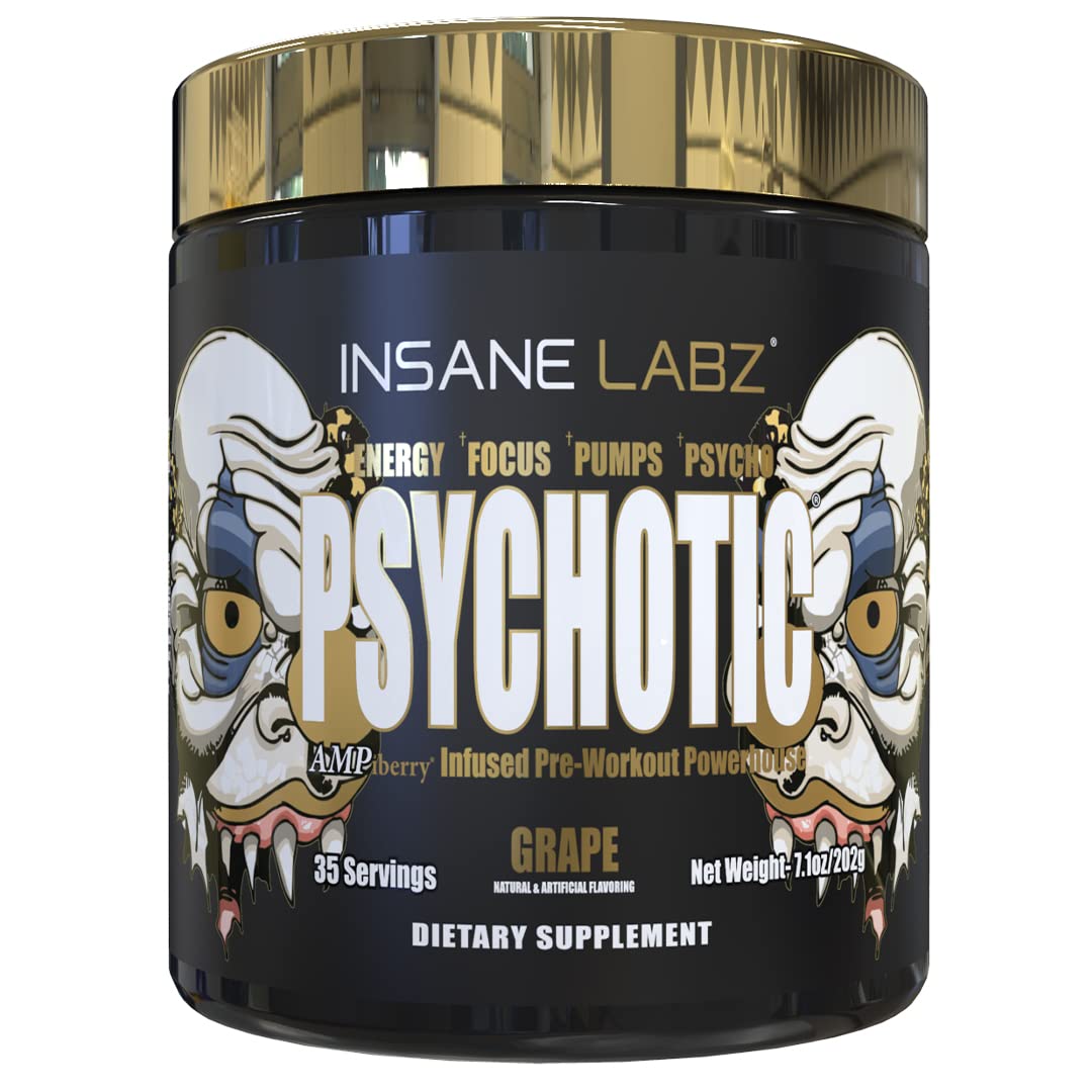 The Insane Labz Psychotic Gold bottle front view highlights energy and pump benefits.