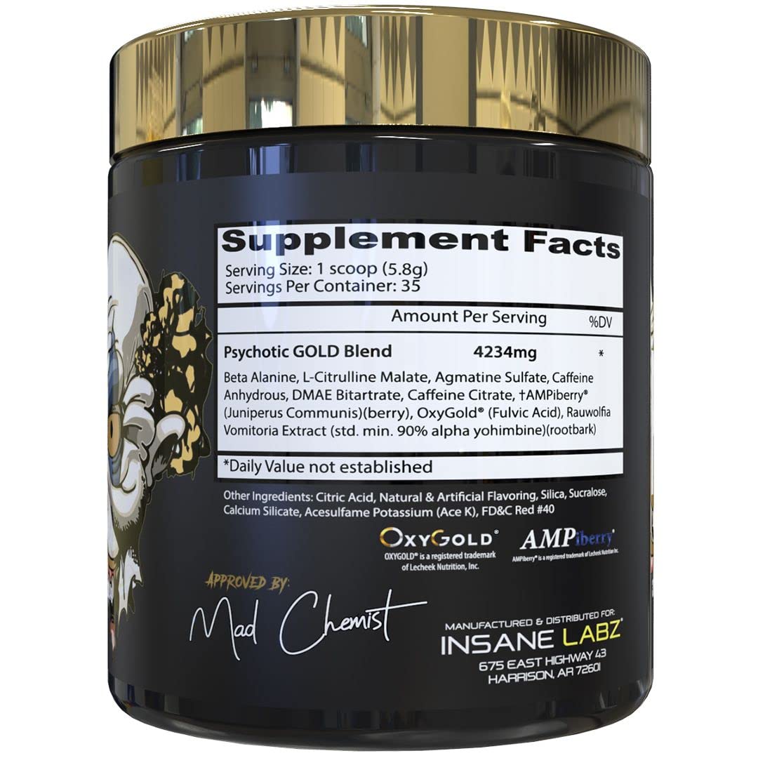 Insane Labz Psychotic Gold bottle label close-up signaling performance-ready formula.