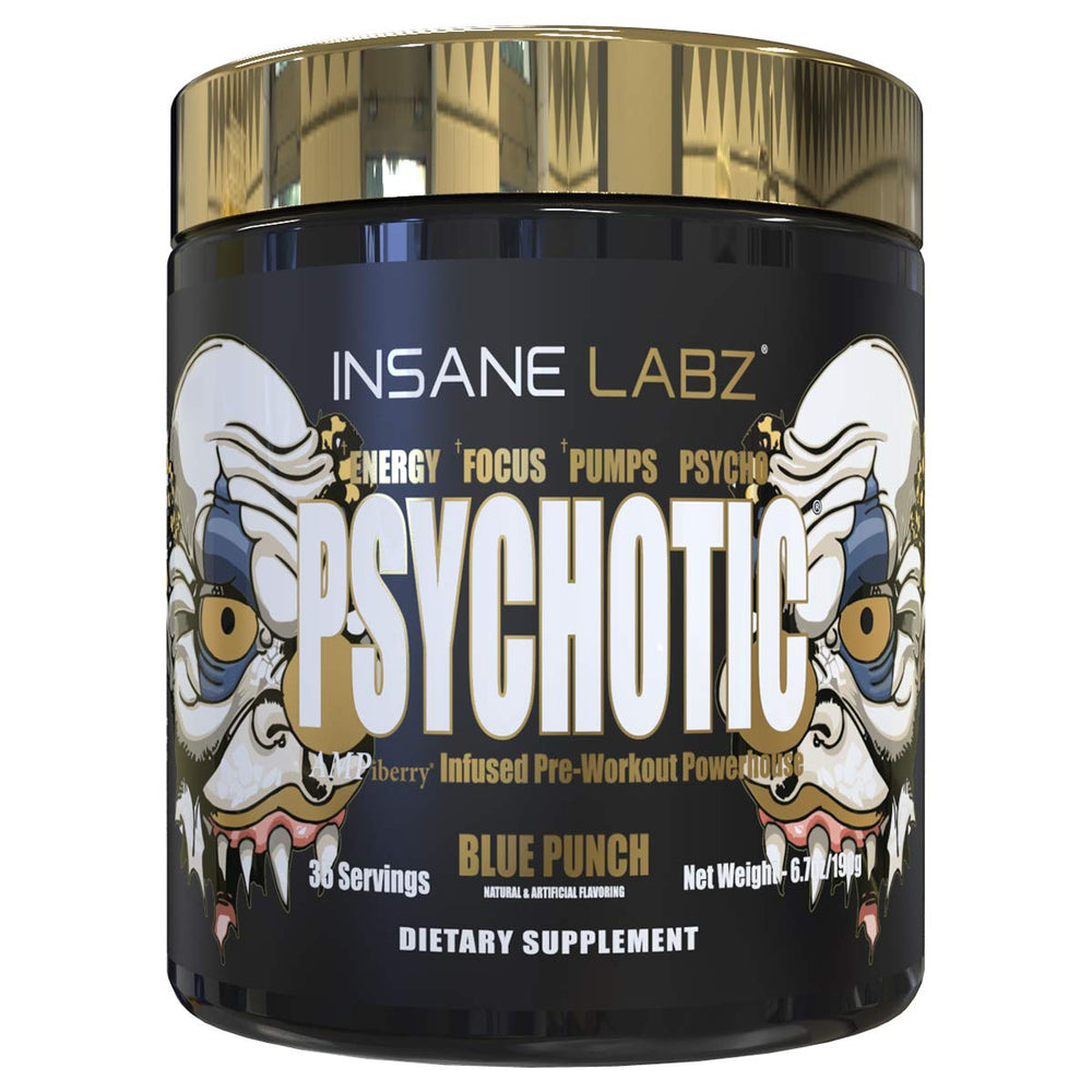 Insane Labz Psychotic Gold bottle on gym shelf ready for training.
