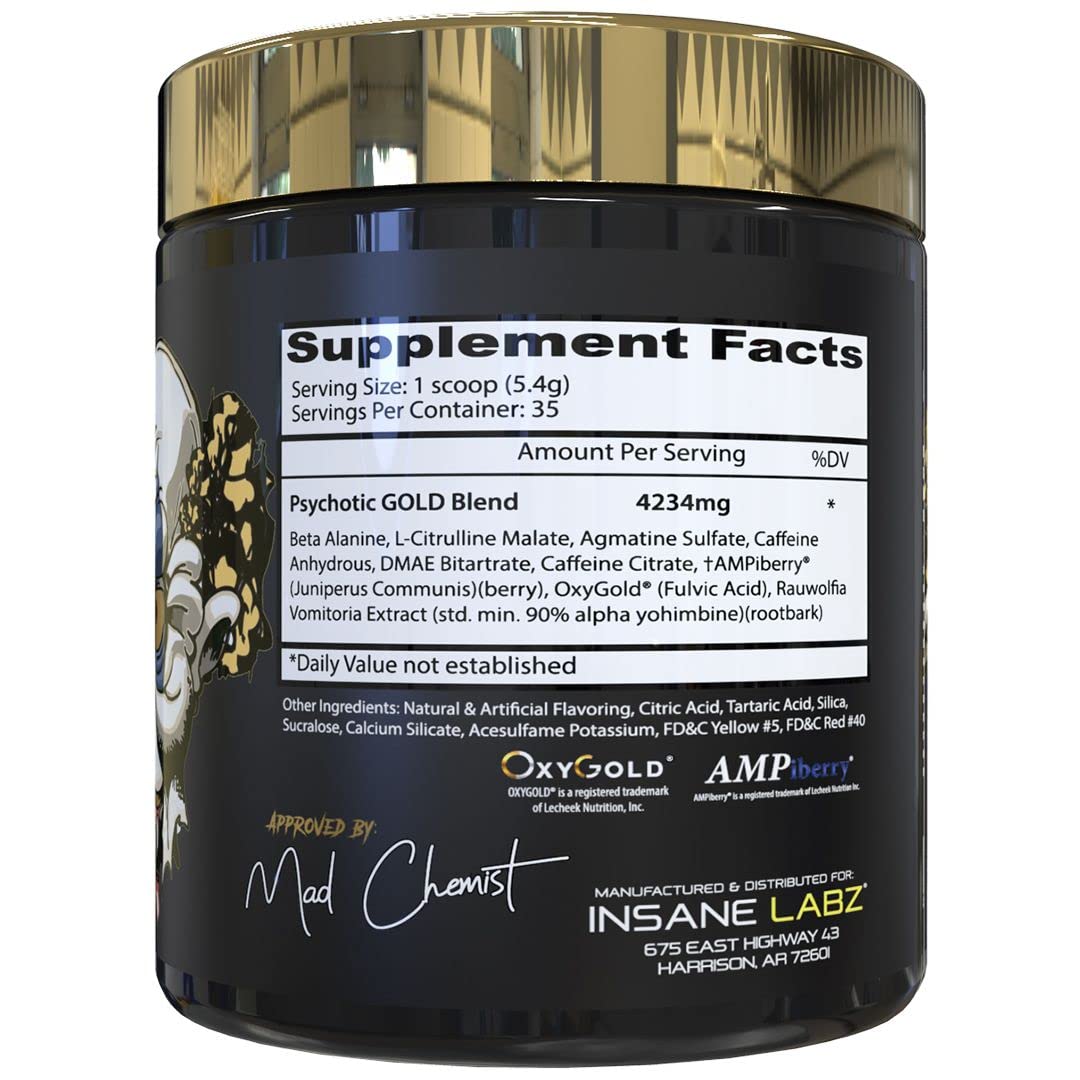 Insane Labz Psychotic Gold bottle opening reveals orange powder and bold pre-workout energy.
