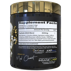 Insane Labz Psychotic Gold bottle opening reveals orange powder and bold pre-workout energy.