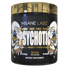 Insane Labz Psychotic Gold label closeup showing high-stimulant energy and focus.