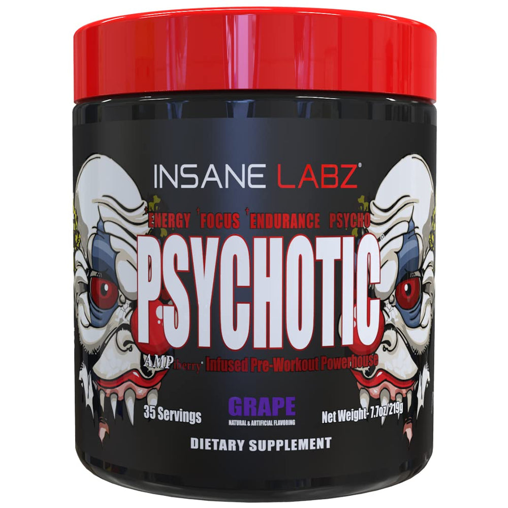 Insane Labz Psychotic grape bottle, bold energy for workouts.