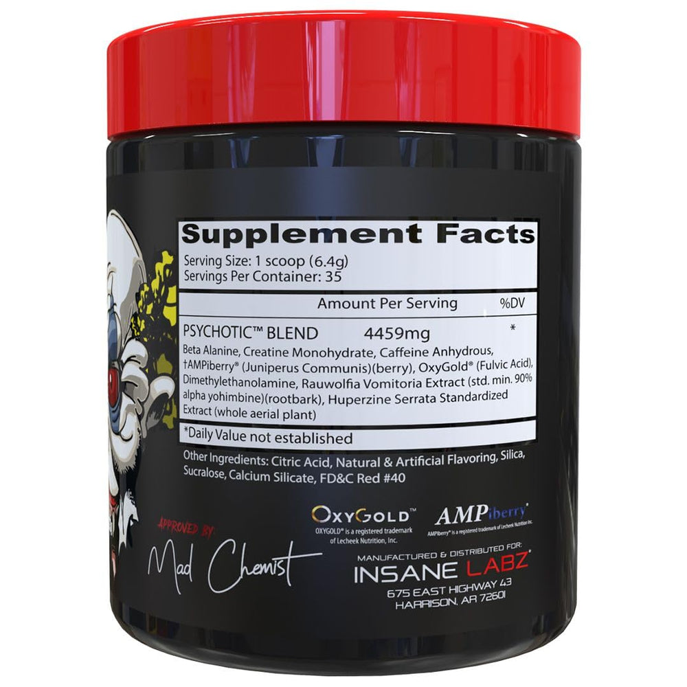 Psychotic ingredients close-up highlighting beta-alanine and creatine for endurance.