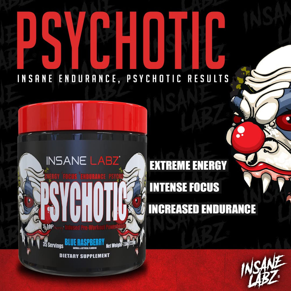 Insane Labz Psychotic ingredients panel emphasizes beta-alanine and creatine for endurance.