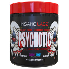 Insane Labz Psychotic powder tub highlighting long-lasting energy and focus.