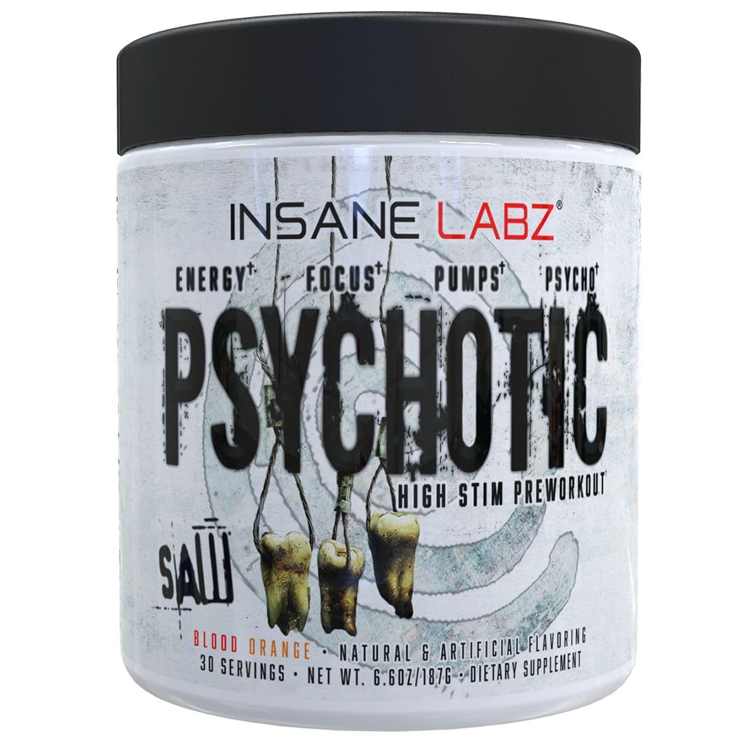 Insane Labz Psychotic Saw Blood Orange tub with vibrant flavor and energy potential.