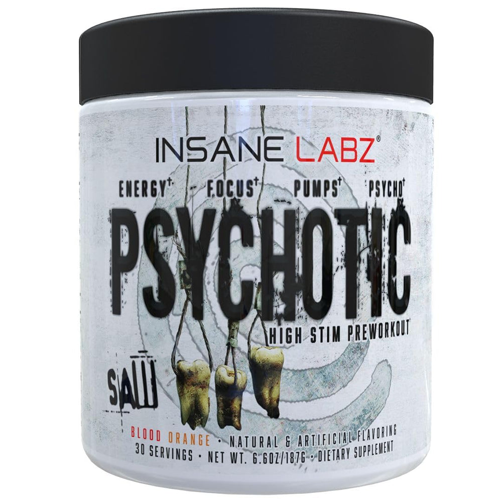 Insane Labz Psychotic Saw Blood Orange tub with vibrant flavor and energy potential.