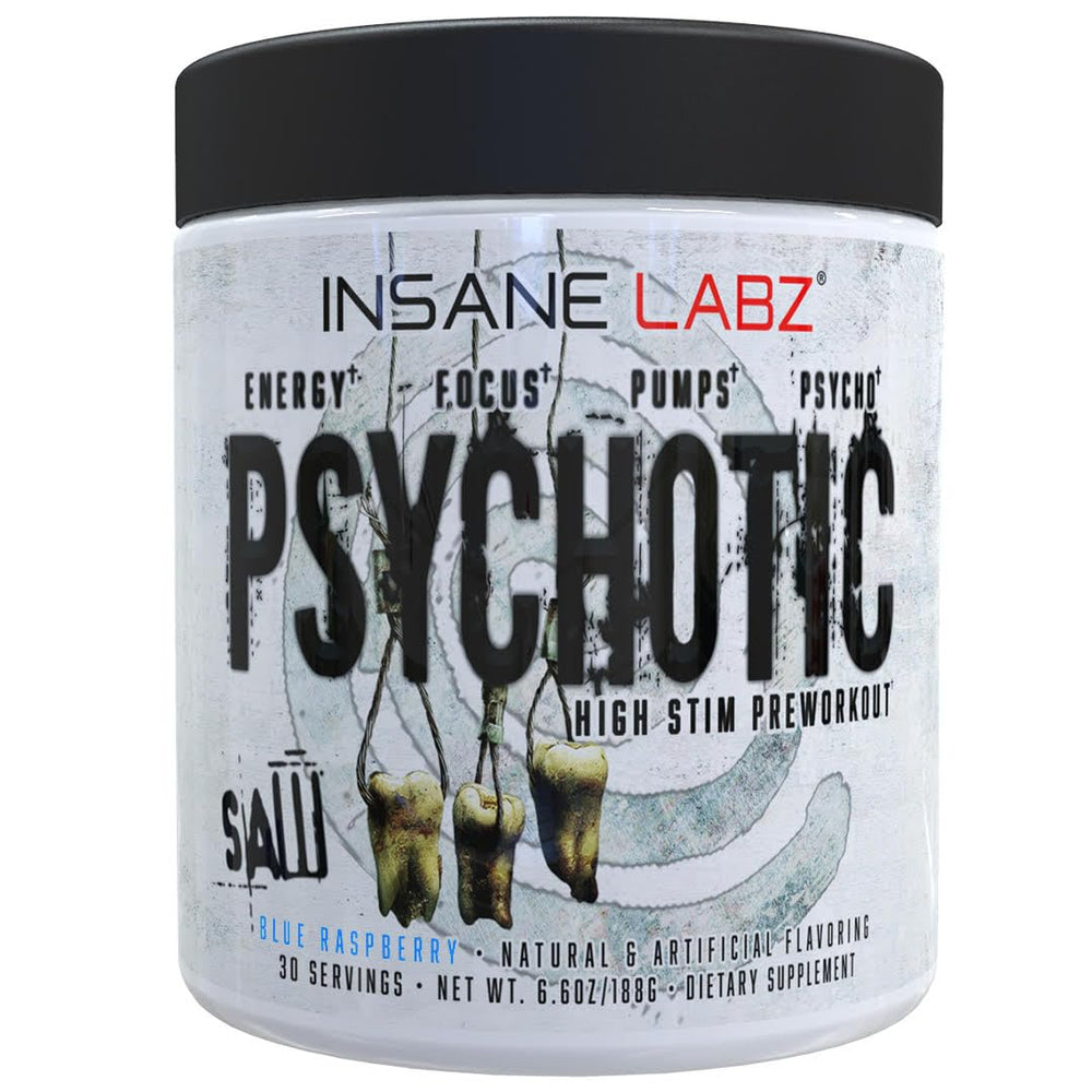 Insane Labz Psychotic SAW blue raspberry canister ready for intense workouts.