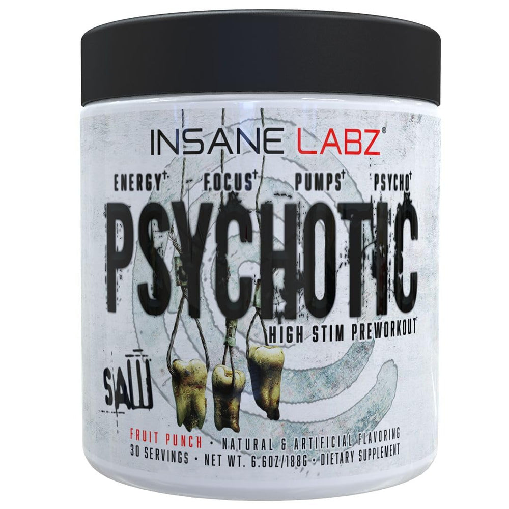 Insane Labz Psychotic SAW can front showing high-stim pre-workout energy