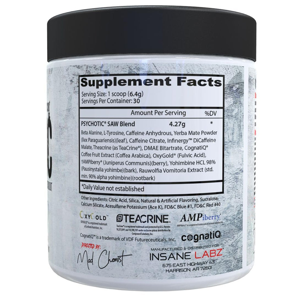 Insane Labz Psychotic Saw label detail highlighting absorption boosters.