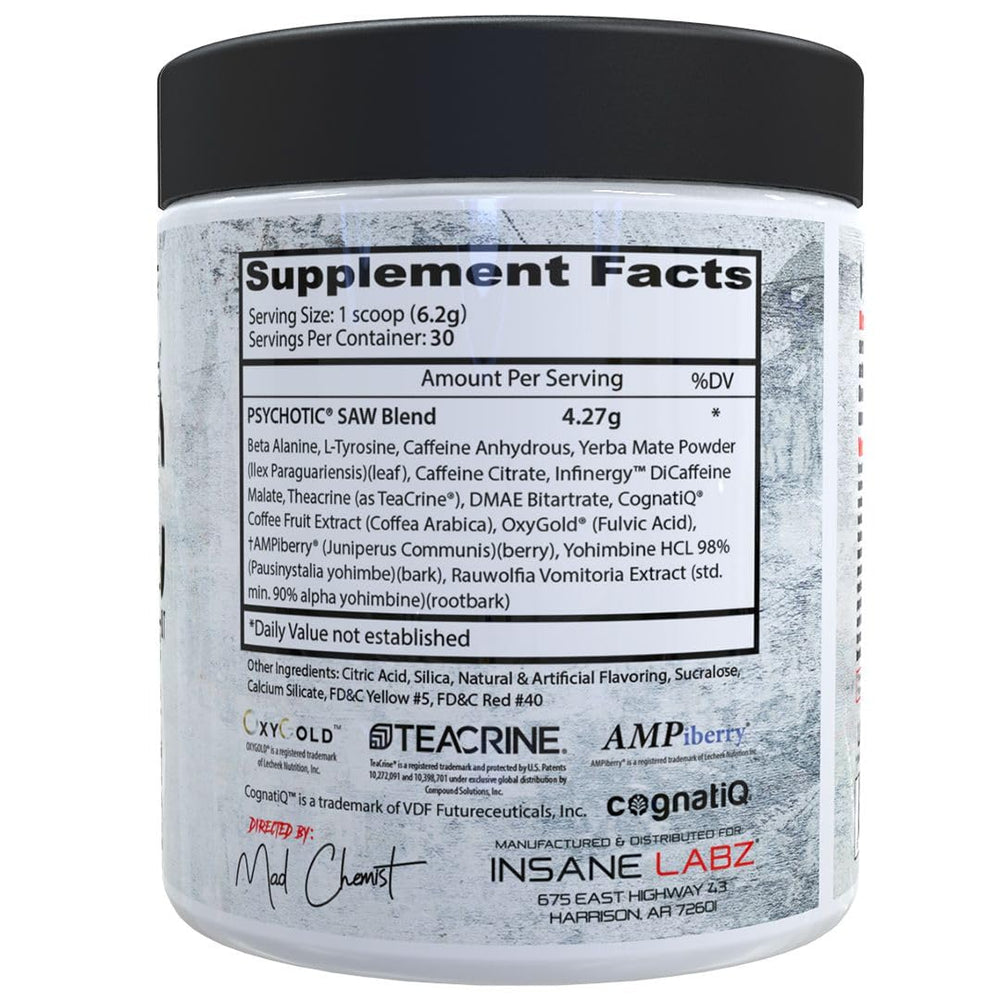 Psychotic Saw scoop dispensing powder shows precise serving for consistent energy and focus.