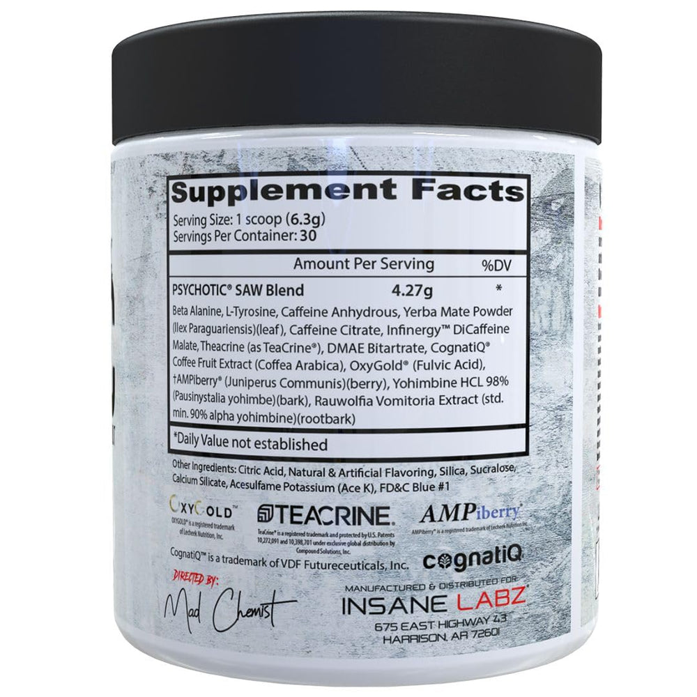 Scoop pouring Psychotic SAW powder for a quick pre workout mix.