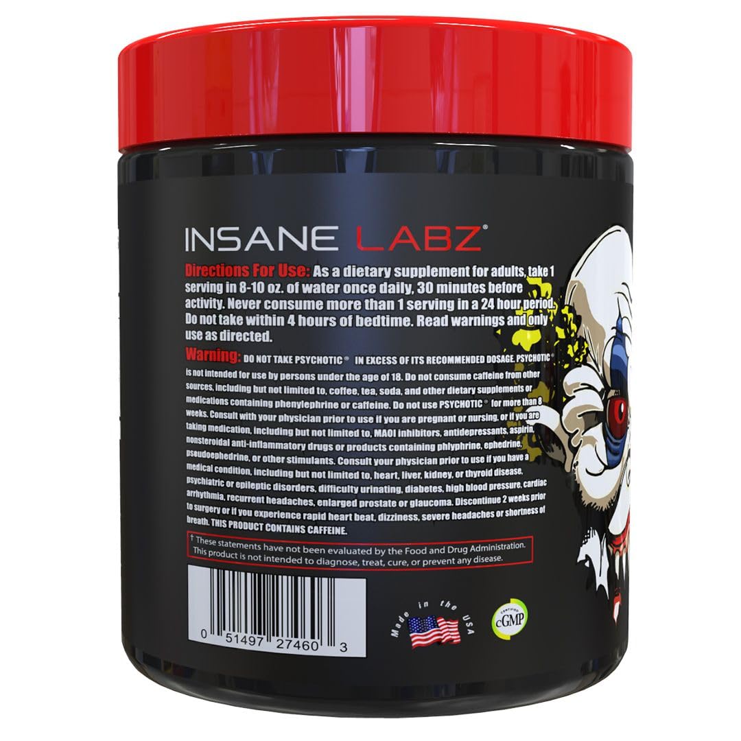 Insane Labz Psychotic scoop of powder ready to mix for pre-workout sessions.