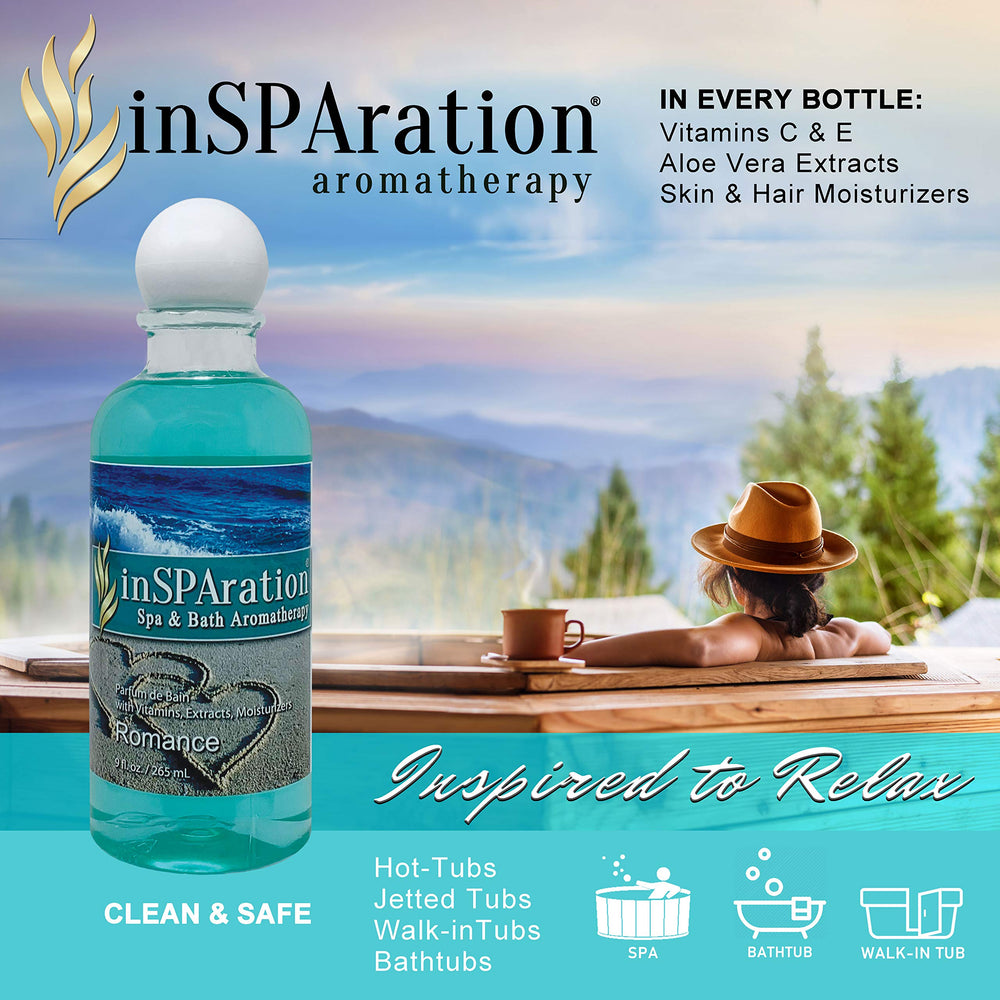 InSPAration Romance 9 oz bottle displayed as part of spa fragrance routine.