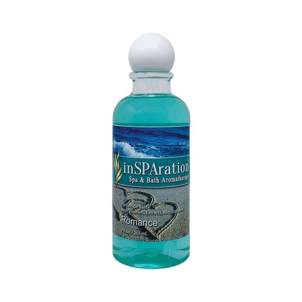 InSPAration Romance spa liquid bottle ready for use in a spa setup, 9 oz.
