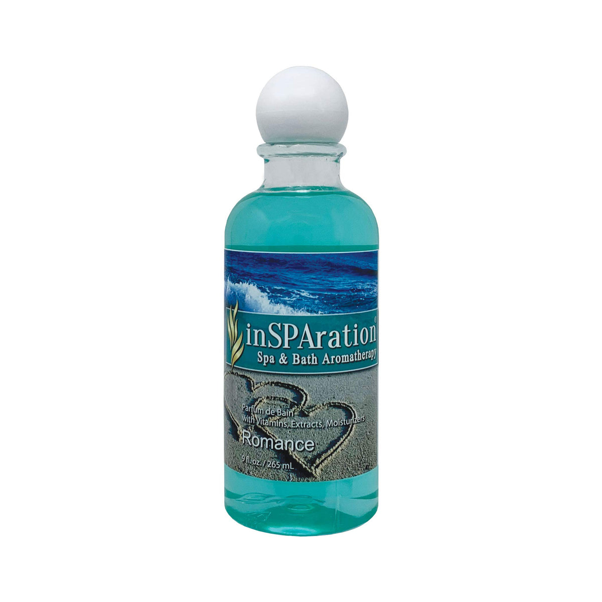 InSPAration Romance spa liquid bottle ready for use in a spa setup, 9 oz.