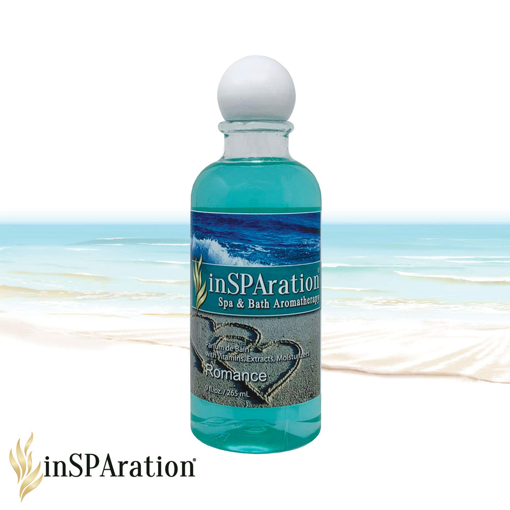 InSPAration Romance spa liquid being poured for a tub aroma.