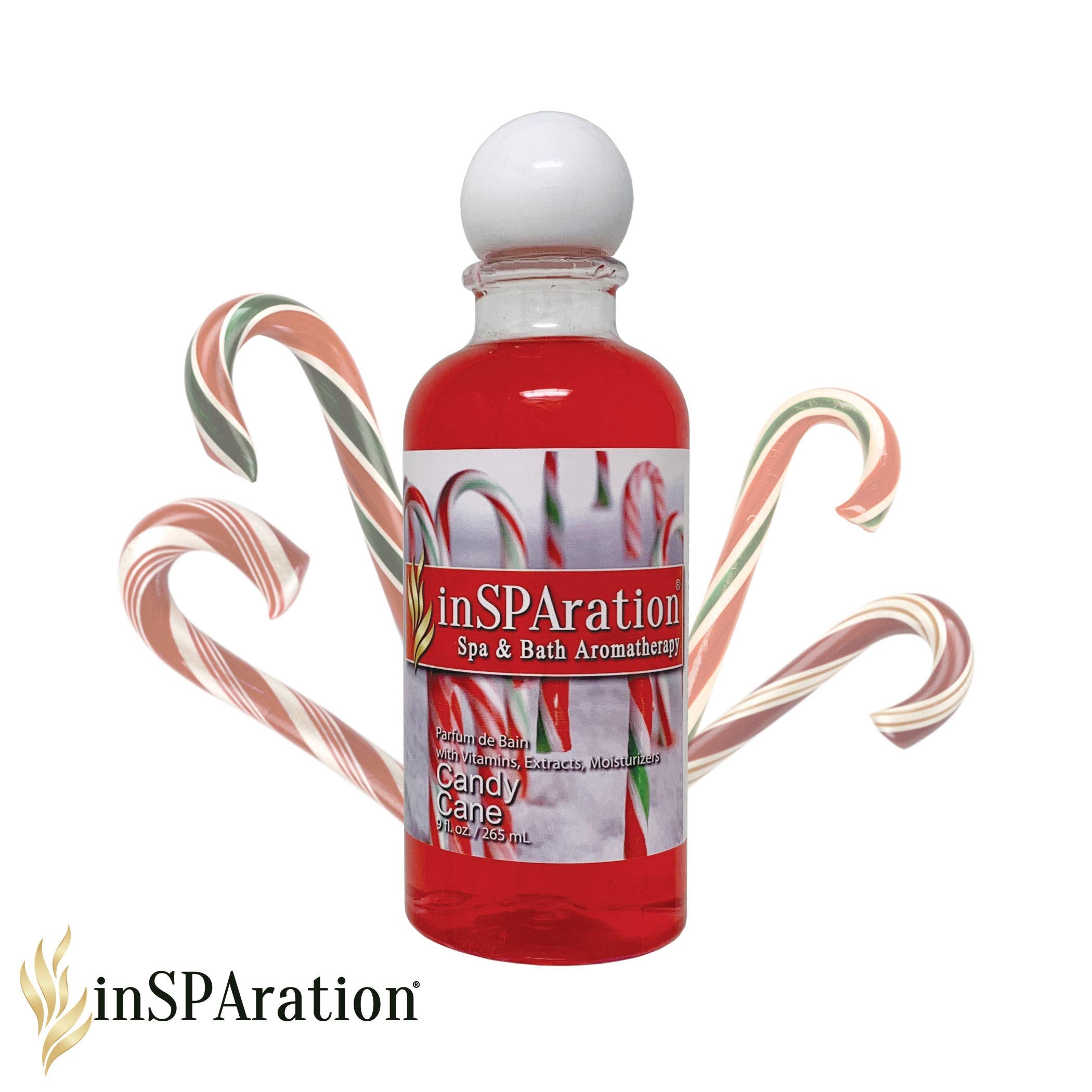 InSPAration spa liquid Holiday Candy Cane bottle close-up showing aloe vera formula