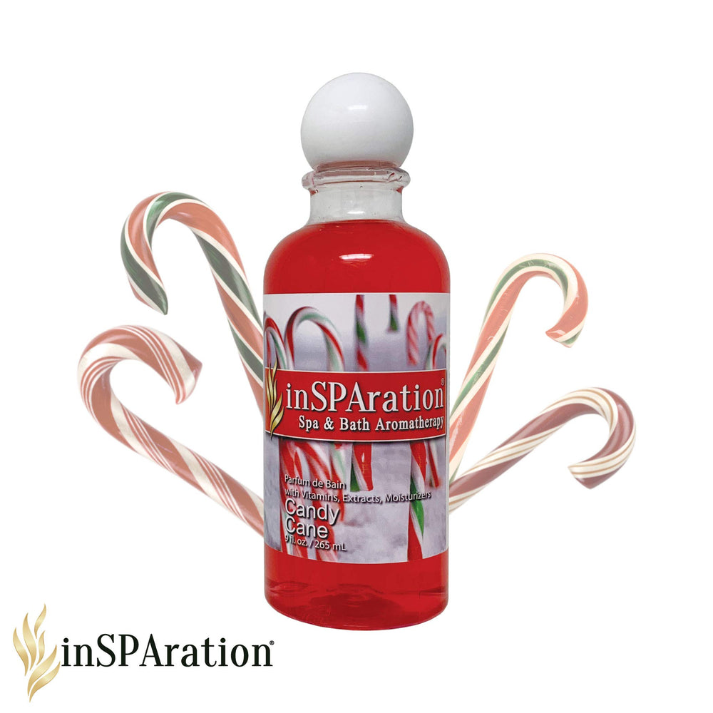 InSPAration spa liquid Holiday Candy Cane bottle close-up showing aloe vera formula