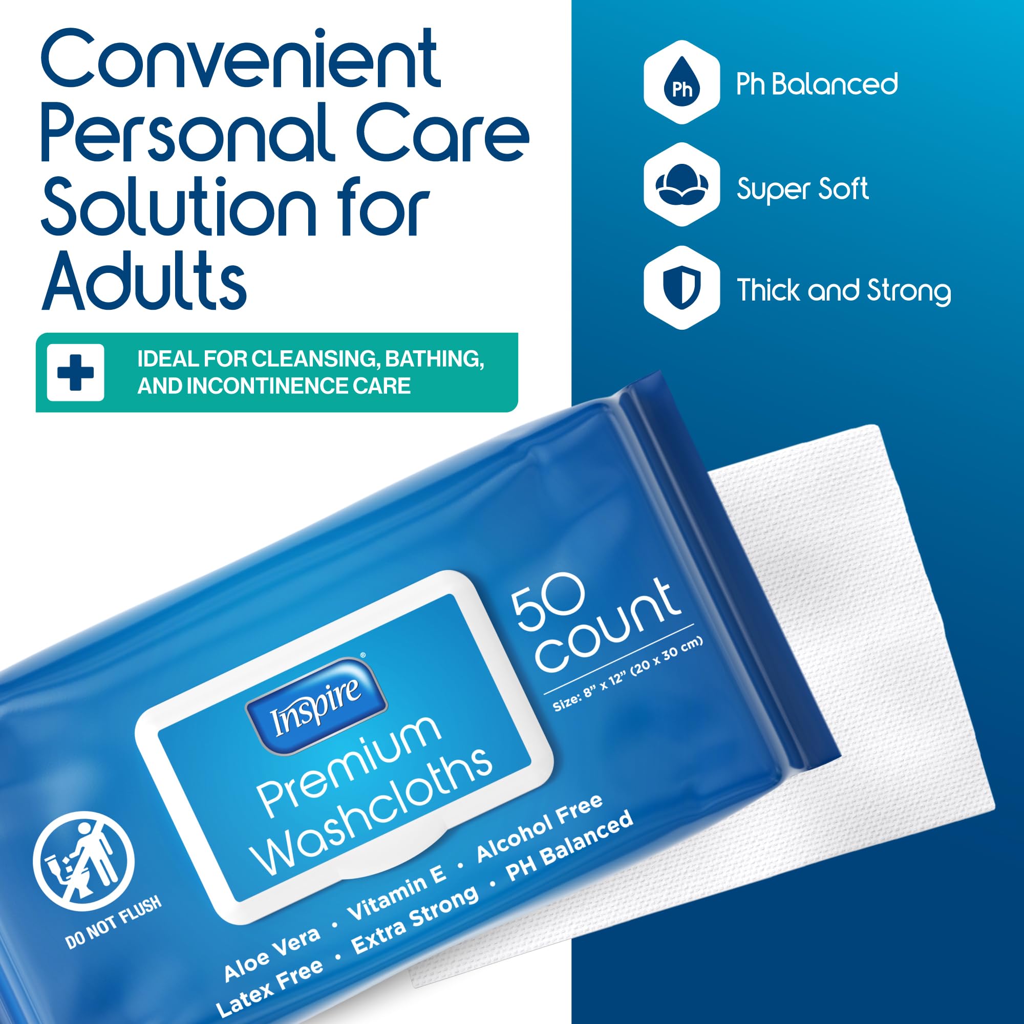 Inspire adult wipes showing the 8x12 inch size for cleansing and refreshing.