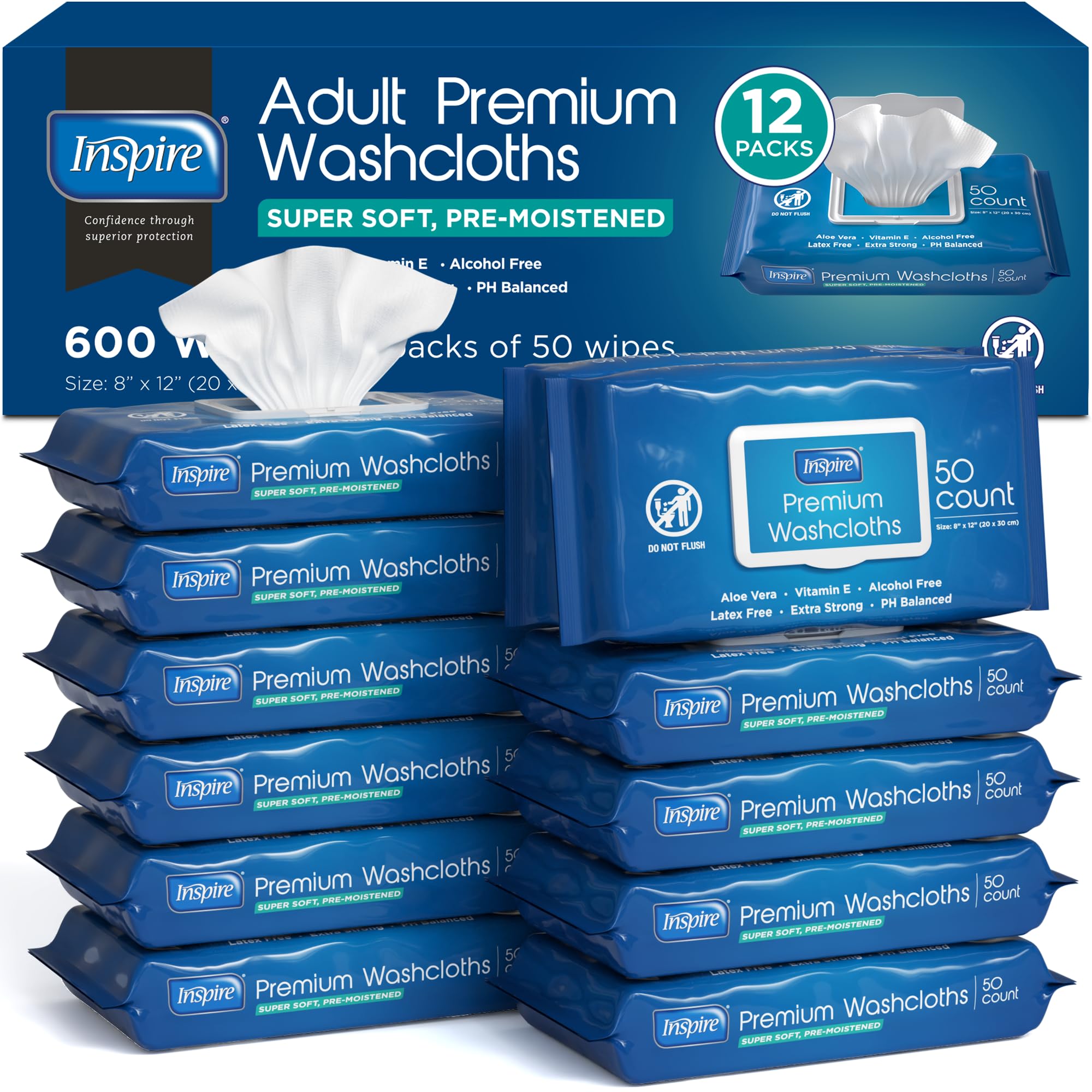 Inspire adult wipes with aloe for gentle cleansing on oversized 8x12 inch cloths