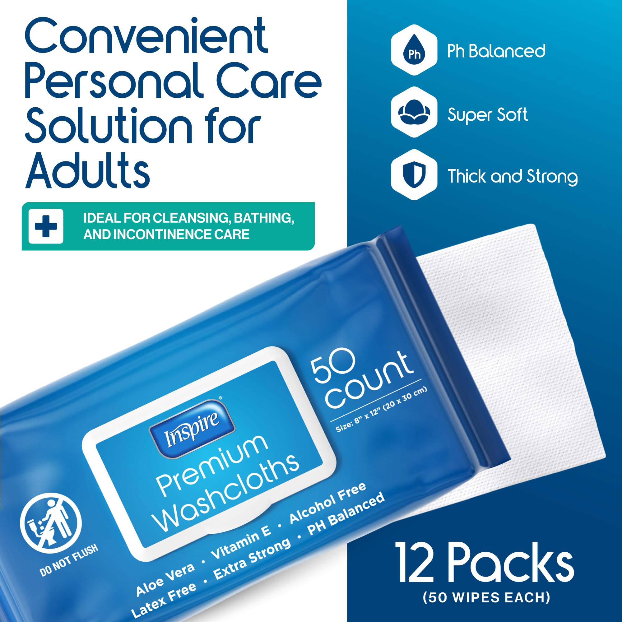 Inspire hypoallergenic adult wipes for sensitive skin on large 8x12 inch sheets
