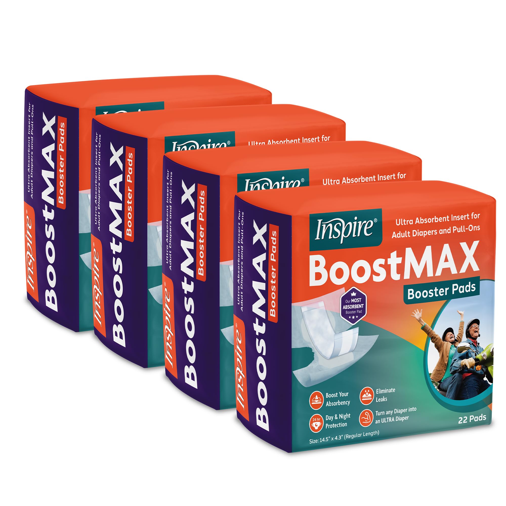 Inspire Booster Pads showing absorbency over 5 cups for extended protection.