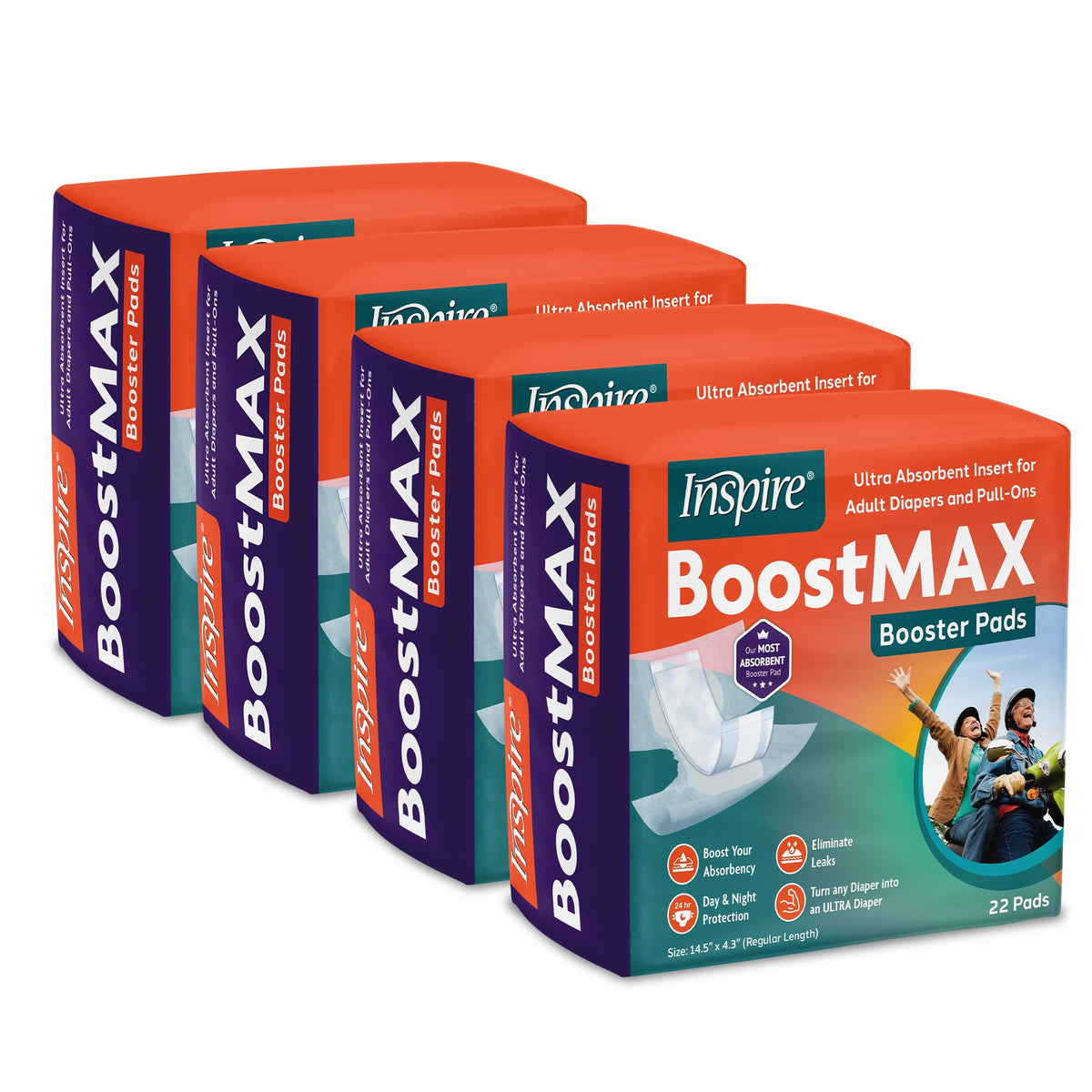 Inspire Booster Pads showing absorbency over 5 cups for extended protection.