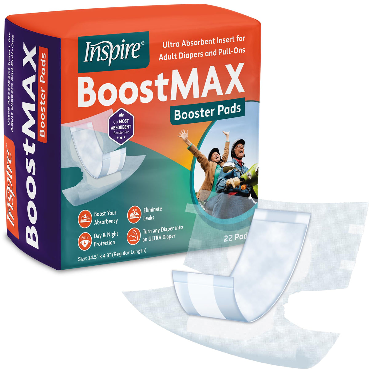 Inspire Booster Pads with extra-long coverage for secure protection overnight