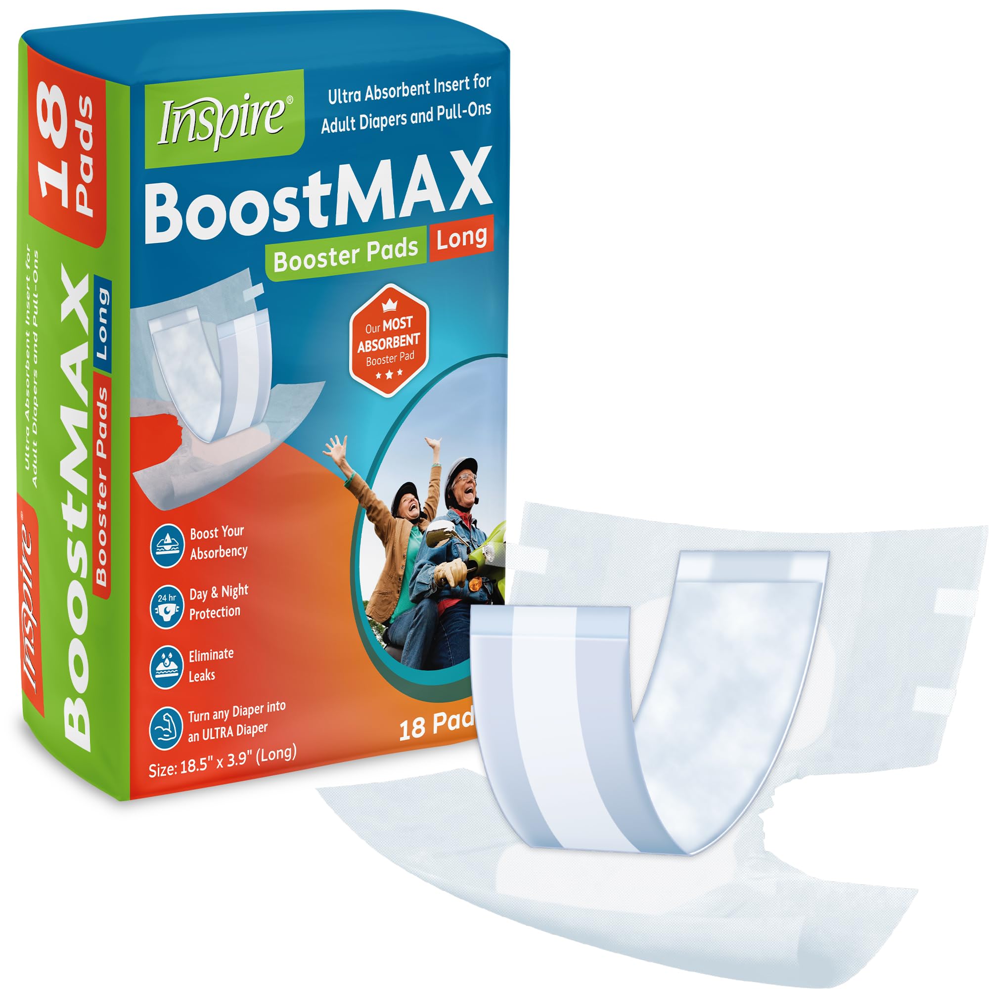 Inspire BoosterPads extra-long coverage shown on a bed setup for overnight protection with dry results