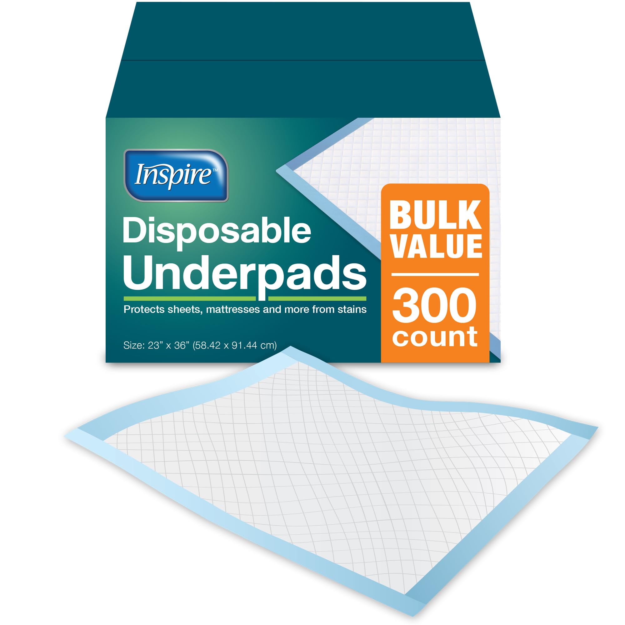 Inspire disposable chux underpads 23x36 front view of 300-count pack for bulk protection