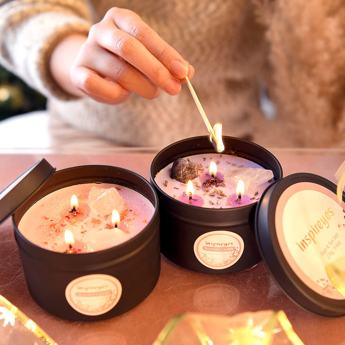 Inspireyes three-wick candle with crystal centerpiece brightens the room and promotes calm