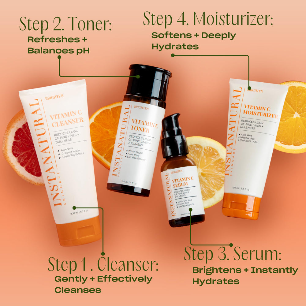 Instanatural Vitamin C Serum in-use demonstrates daily skincare routine.