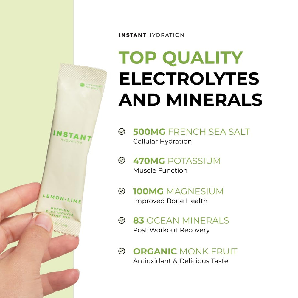 Measuring spoon beside Instant Hydration packets for precise, zero-sugar servings.