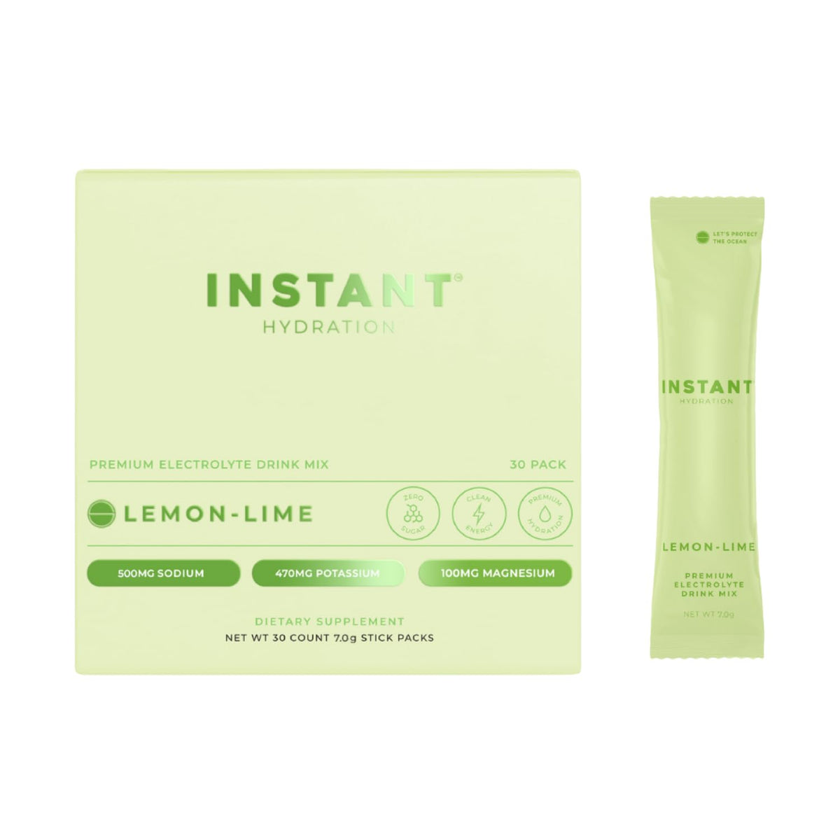 Instant Hydration lemon-lime packet ready to mix for quick hydration.