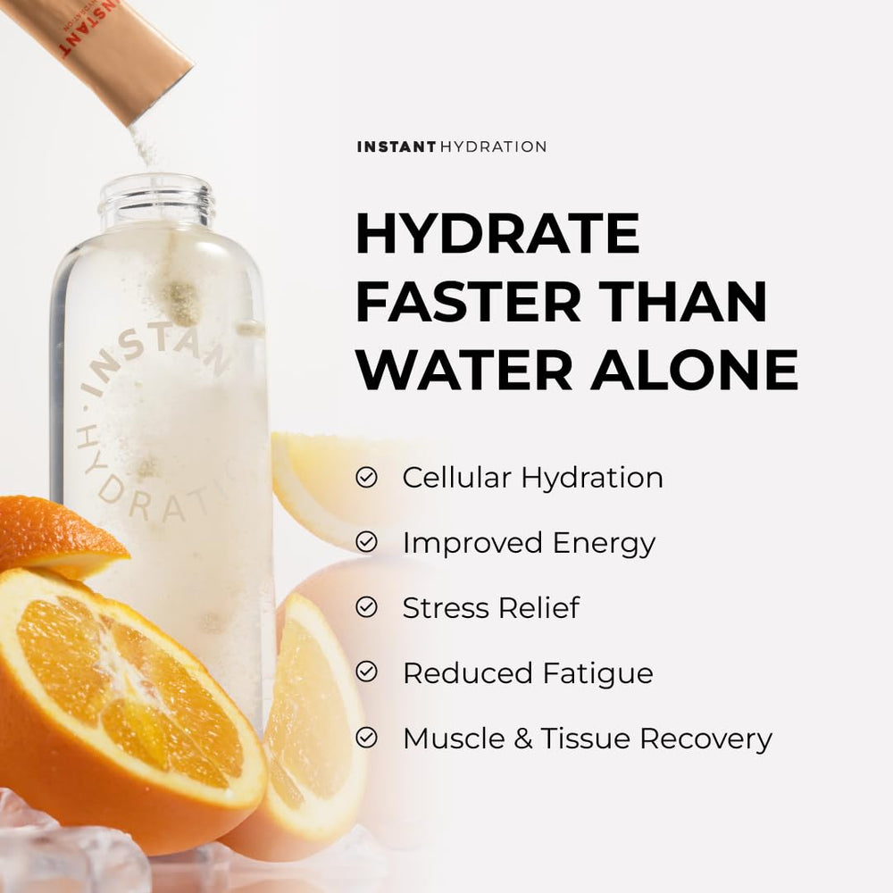 Instant Hydration orange drink mix in glass demonstrates balanced minerals for muscle function