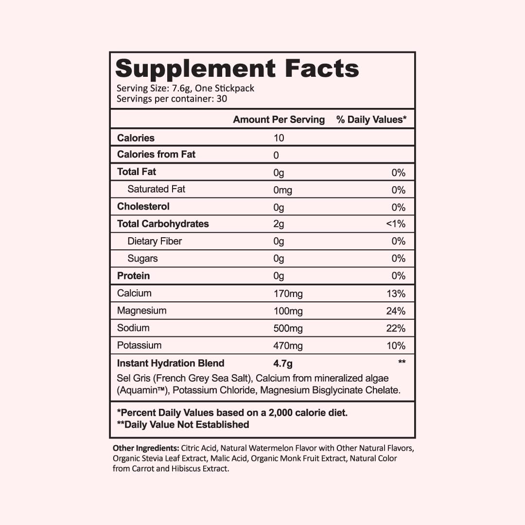 Instant Hydration Watermelon label shows 1445mg electrolytes per serving.